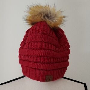 🌹C.C Red Knit Hat with Faux Fur Pom-Pom
